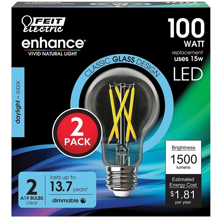 2pk 15W A21 5000K LED Clear Bulb